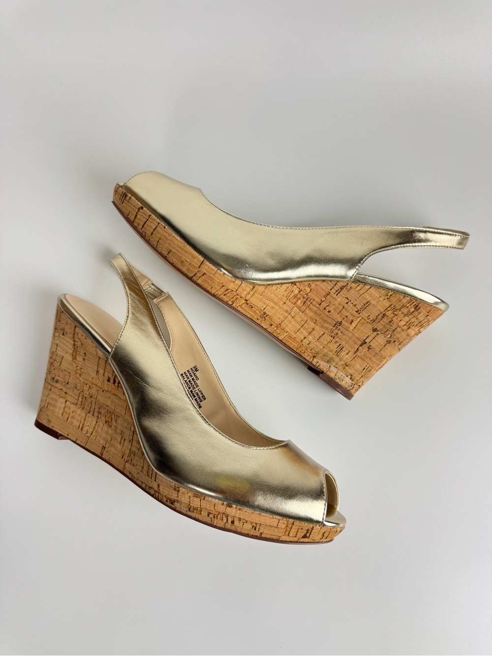 Nine West Gold Metallic Cork Wedge Slingback Peep-Toe Sandals